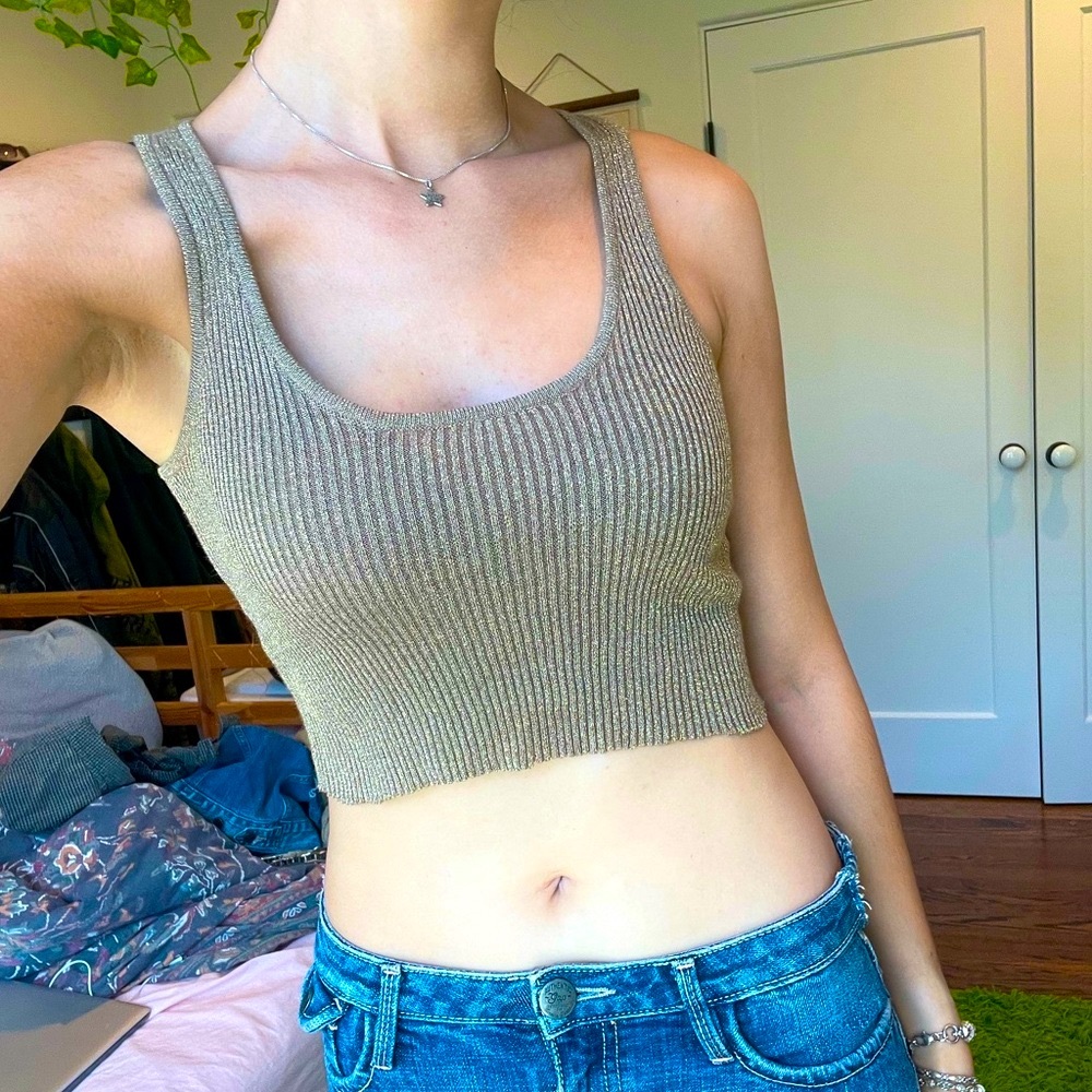 ribbed shimmer light brown and gold knit tank top